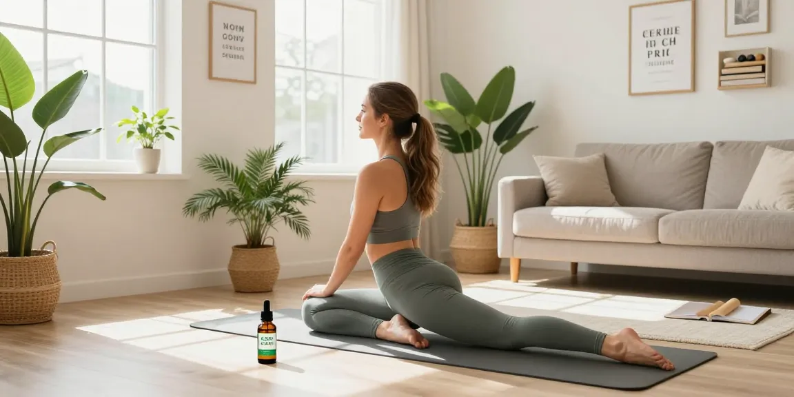 oficiální Ministry of Cannabis CBD oil bottle beside a woman practicing yoga in a bright living room, promoting natural wellness