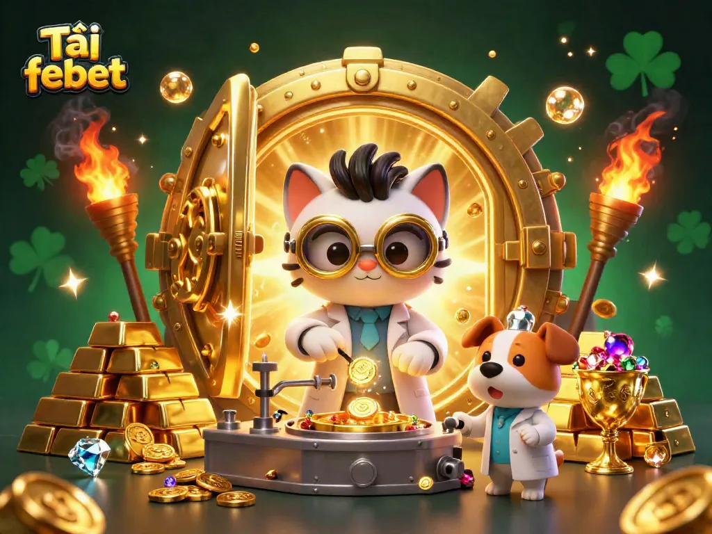 Bet with flair on Tải febet, featuring 3D cartoon characters amidst a cascade of gems and gold.